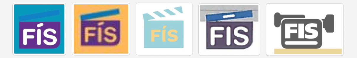 Five logos from the current FÍS assets; four show the word FÍS on a clapperboard graphic, one on an old battery powered film camera graphic. The most predominant colours are blues and greys.